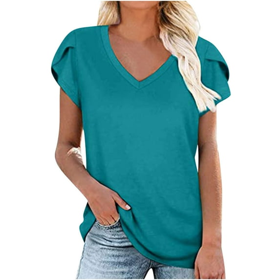 Njoeus Womens Tops V Neck Ruffle Sleeve Casual T-Shirts Summer Tunic Tops Loose Comfy Tee Work Dressy Blouse