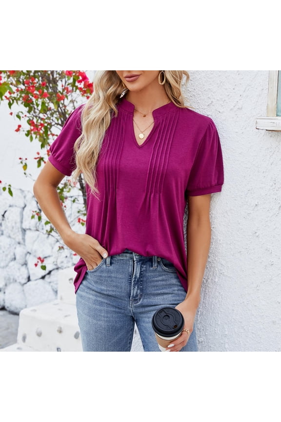 Womens Tops V Neck Summer Tunic Tops Women Loose Puff Short Sleeve Pleated T-Shirts Casual Dressy Blouses S-XXL