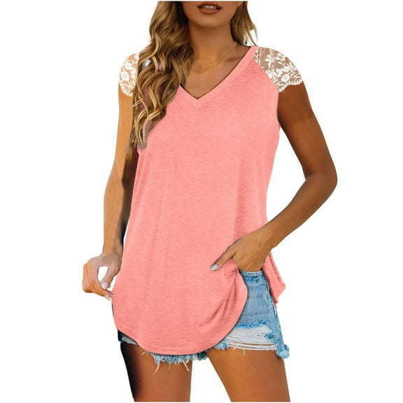 Njoeus Womens Tops V Neck T Shirts Lace Sleeve Trendy Summer Tops Loose Tee Causal Tunic Blouses S-XXL