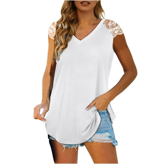 Njoeus Womens Tops V Neck T Shirts Lace Sleeve Trendy Summer Tops Loose Tee Causal Tunic Blouses S-XXL
