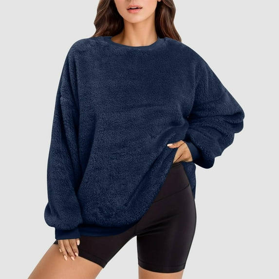 Njoeus Womens Tops, Women's Spring Winter Warm Oversized Sherpas Pullover Loose Round Neck Fleece Sweatshirt Soft Comfy Outwear Tops S-XXL