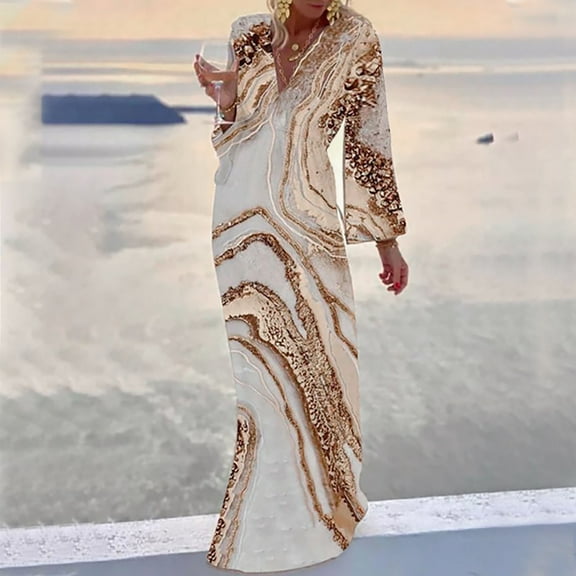 Njoeus Womens V-Neck Casual Long Sleeve Boho Midi Dress Loose High Waist Flowy Long Maxi Dresses