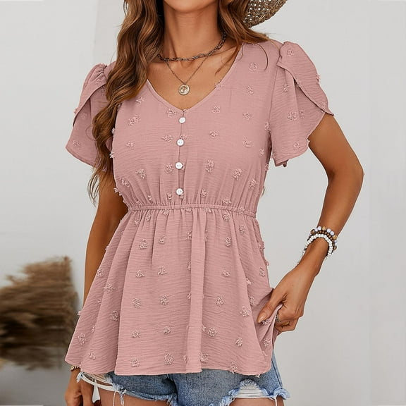 Njoeus Womens V Neck Flare T Shirt Casual Short Sleeve A Line Pleated Tunic Tops Cute Blouses