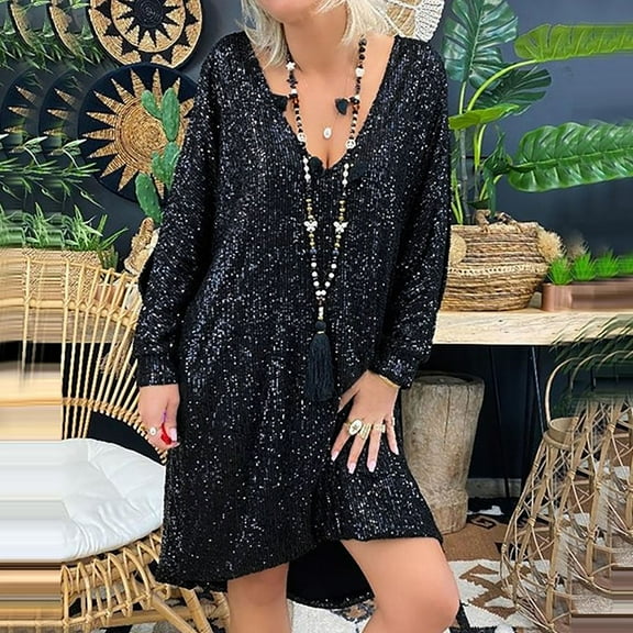 Njoeus Womens V Neck Sequin Long Sleeve Dress Women Plus Size Party Cocktail Glitter Shiny Evening Dress Loose Mini Dresses S-5XL
