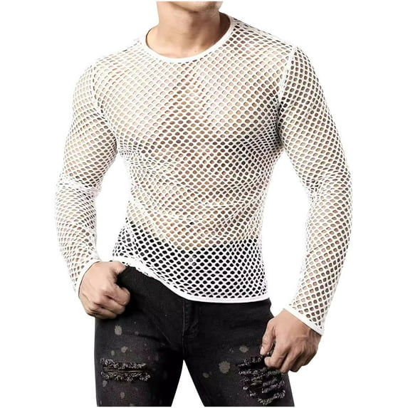Njoeus Workout Shirt for Men, Sports Shirts for Men Slim Fitted Men's T-Shirt Sexy Mesh Fishnet Long Sleeve Undershirt Hollow Out Summer Tops Workout Tops for Men Summer Savings Clearance