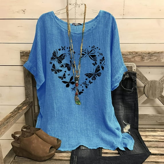 Njoeus Workout Tops for Women Basic Tees for Women Linen Shirts for Women, Women's Fashion Print Tees Casual Crew Neck Raglan Short Sleeve Loose T Shirt Cotton Linen Tops Blouses Sexy Tops for Women O