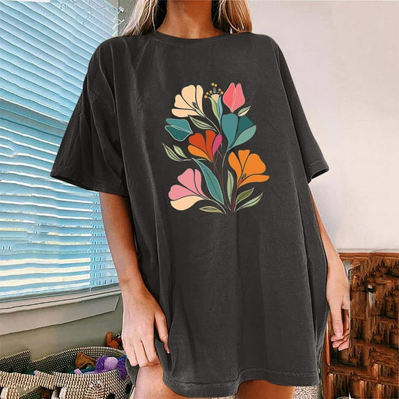 Njoeus Workout Tops for Women Custom T Shirts Womens Casual Oversized T-Shirt Trendy Cute Floral Tops Summer Workout Shirts Loose Funny Flowers Graphic Tees for Women Teen Girls Plus Size Summer Outfi