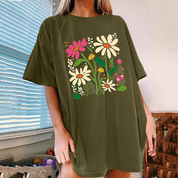 Njoeus Workout Tops Women Custom T Shirts Womens Casual Oversized T-Shirt Trendy Cute Floral Tops Summer Workout Shirts Loose Funny Flowers Graphic Tees Women Teen Girls Womens Summer Outfits