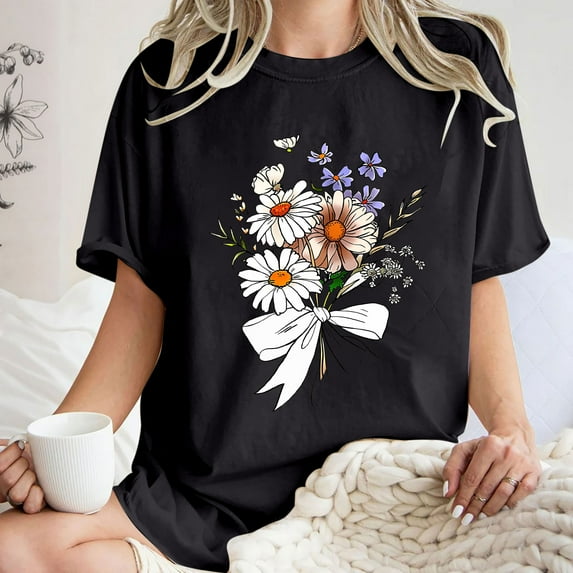 Njoeus Workout Tops Women Cute Summer Tops Women Womens Cute Floral Printed Tee Shirts Summer Novelty Vintage Graphic Tees Women Trendy Girls Short Sleeve Tops S-Xxl Womens Summer Outfits