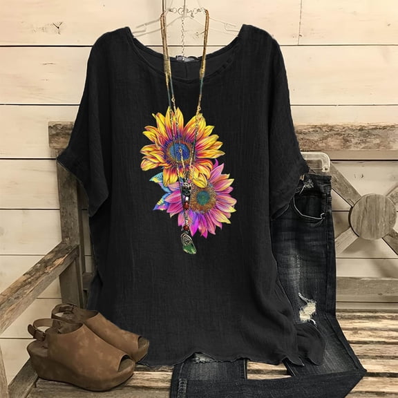 Njoeus Workout Tops for Women Going Out Tops for Women Linen Shirts for Women, Women's Fashion Print Tees Casual Crew Neck Raglan Short Sleeve Loose T Shirt Cotton Linen Tops Blouses Shirts Under $10