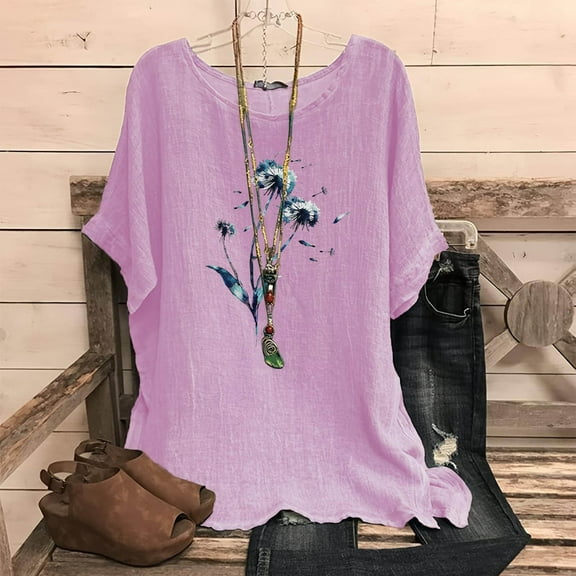 Njoeus Workout Tops for Women Going Out Tops for Women Linen Shirts for Women, Women's Fashion Print Tees Casual Crew Neck Raglan Short Sleeve Loose T Shirt Cotton Linen Tops Blouses Boho Tops for Wom