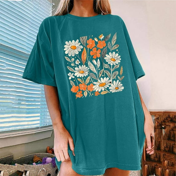 Njoeus Workout Tops for Women Shirts for Women Oversized Tshirts for Women Summer Floral Printed T Shirt Cute Flower Graphic Tees for Women Girls Loose Fitted Crew Neck Short Sleeve Casual Tunic Tops