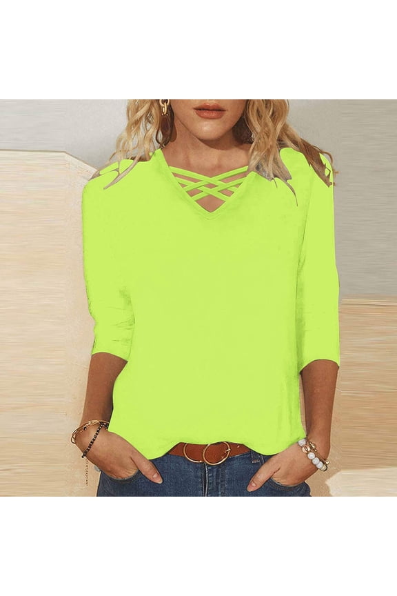 Workout Tops for Women Tshirts Shirts for Women 3/4 Sleeve T Shirts for Women V Neck Cute Tshirt Solid Color Three Quarter Sleeve V-Neck Blouses 2025 Trendy Fashion T-Shirt S-5Xl White Shirt Wo