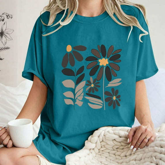 Njoeus Workout Tops for Women White Tops for Women Women's Cute Summer Tops Casual Crewneck Short Sleeve T-Shirt Floral Print Oversized Graphic Tees Loose Top T-Shirt S-Xxl White Blouse for Women Summ