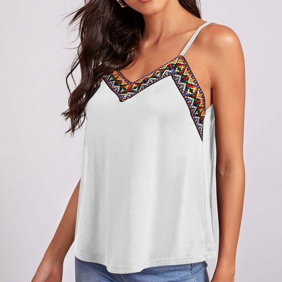 Njoeus Workout Tops for Women Womens Tops Dressy Casual Embroidery Trim Tank Top for Women Summer Sleeveless Tank Tops V-Neck Loose Fitted Tunic Shirt Casual Blouse 2025 Trendy Outfits Summer Clothing