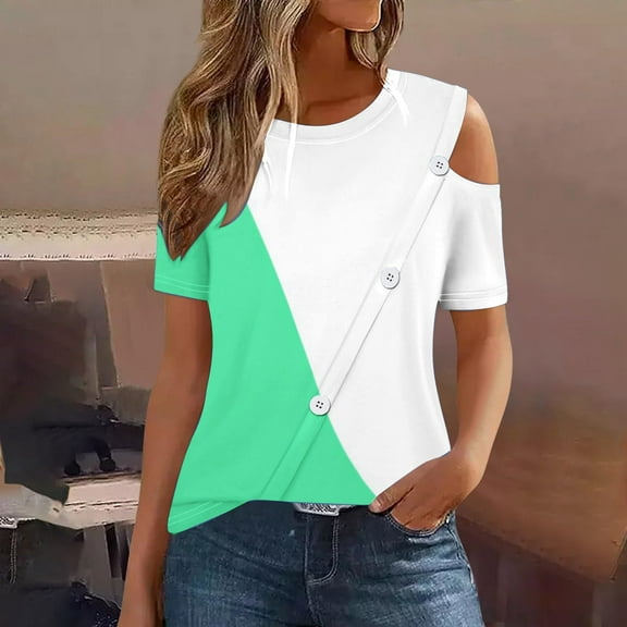 Njoeus Workout Tops for Women Y2K Tops Women's 2024 Summer Casual And Comfortable Patchwork Color Cold Shoulder Button Splicing Short-Sleeved Round Neck Top/Shirt Oversized Graphic Tees for Women On C