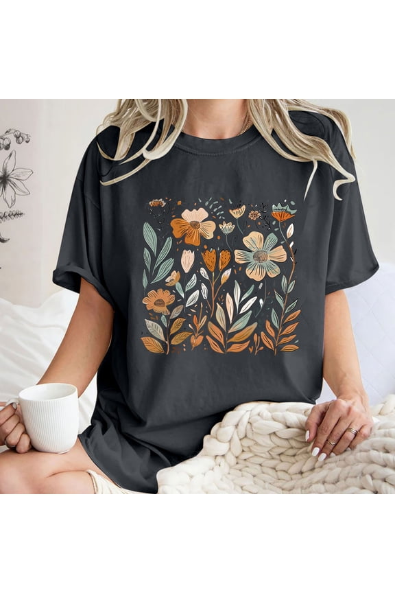 Workout Tops for Women Y2K Tops Womens Short Sleeve Crewneck Shirts Cute Floral Tshirts Summer Y2K Tops for Women Casual Vintage T-Shirt Girls Loose Round Neck Oversized Tee T-Shirt S-Xxl Vacat