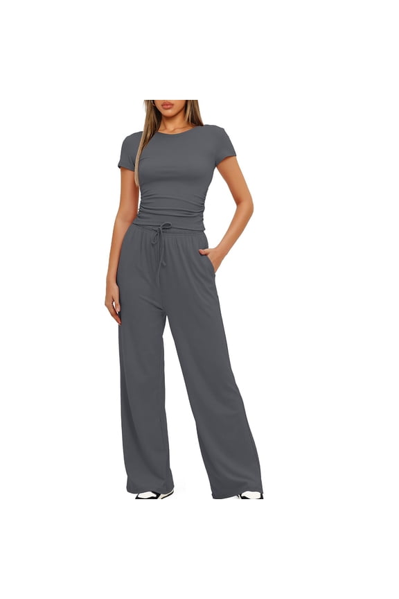 Yoga Workout Sets for Women Summer Casual 2 Piece Outfits Long Pants Set Womens Short Sleeve Crop Tops Jogging Sweatsuits Wide Leg Pants Tracksuits S-XXL