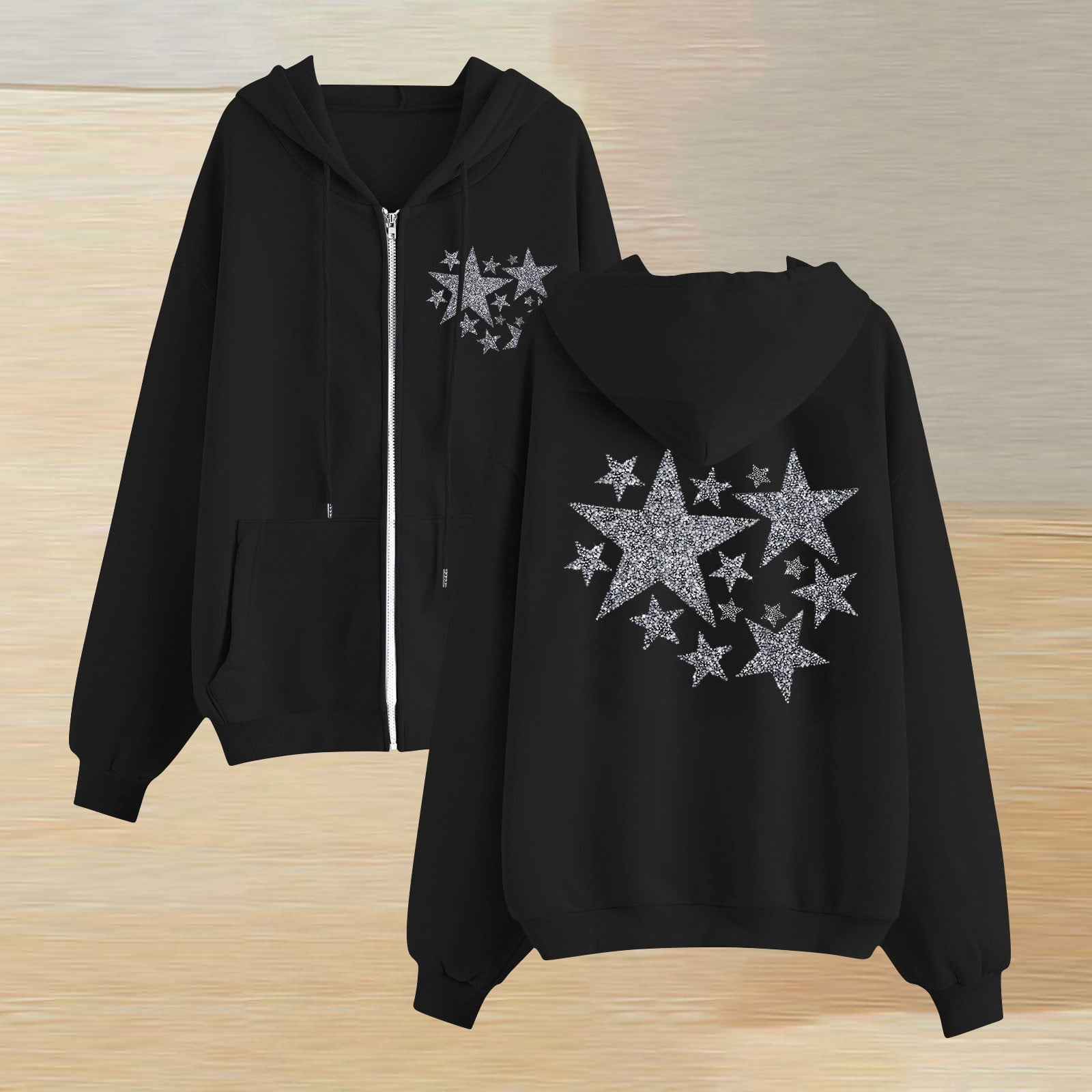 Women's Zip Up Hoodie - Loose Fit Long Sleeve Sweatshirt With Hood, Butterfly Black, XX-Large