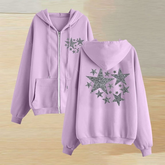 Njoeus Zip Up Hoodies for Women Teen Girls Long Sleeve Hooded Sweatshirts Star Printed Women Fashion Y2k Clothes Casual Fall Jacket Coat with Pockets Purple XL