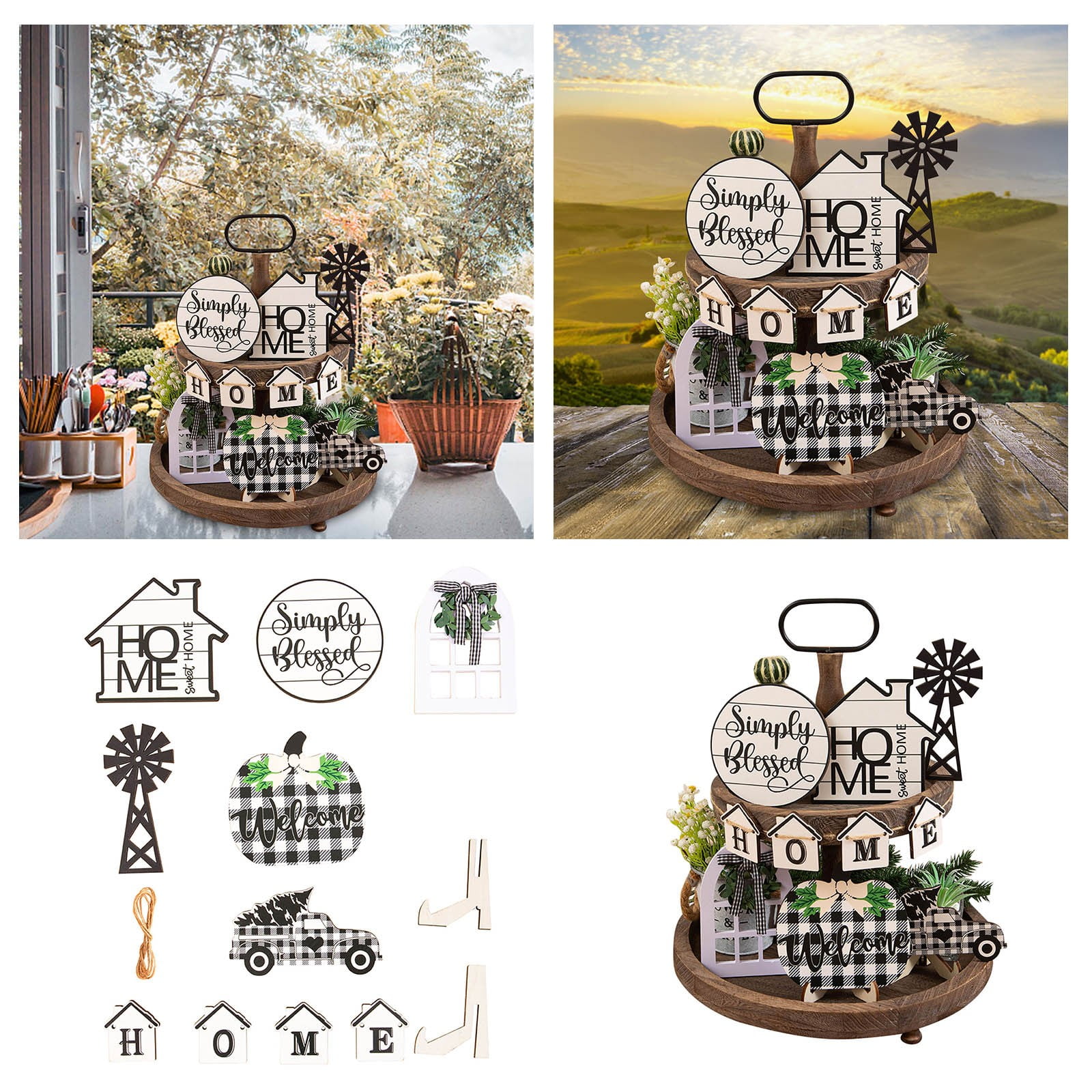 Njspdjh 1 Set of Farmhouse Tiered Tray Decor Set Home Family Tiered