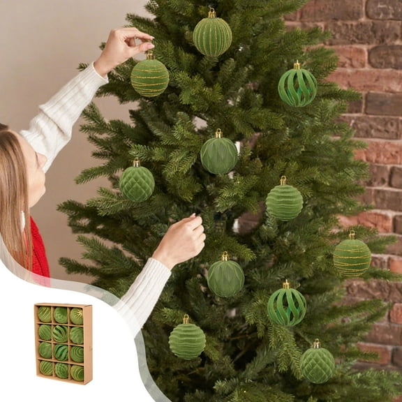 Nkmbld 12Pcs Christmas Ball Ornaments Set Christmas Decorations Flocked Christmas Balls Set Multiple Styles of Christmas Tree Decorations, Green