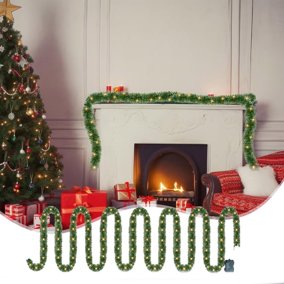 Nkmbld 14.8Ft Christmas Artificial Decorative Rattan with LED Warm Lights for Christmas Festival Stairs Wall Fireplace Mantel Indoor Outdoor Decor, Green