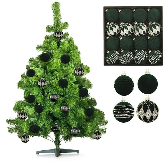 Nkmbld 16Pcs Shatterproof Christmas Ornaments Velvet Christmas Balls Flocked Christmas Tree Ball Ornaments for Garden, Backyard, Holiday, Party Decorations, Green
