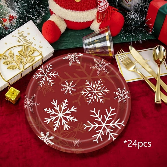 Nkmbld 24Pcs Christmas Disposable Dinnerware Set Party Supplies, Merry Christmas Decorative Tableware for Christmas Winter Holiday Dinner Birthday Party Supplies