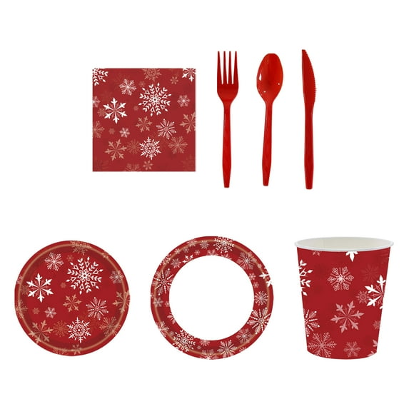 Nkmbld 24Pcs Christmas Disposable Paper Dinnerware Set Includes Dinner Plates, Dessert Plates, Napkins, Knives, Forks, Spoons for Christmas Party Supplies
