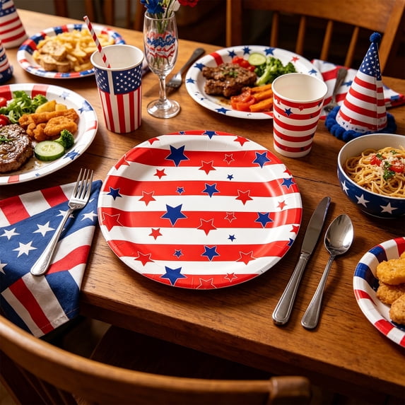 Nkmbld 25 Pack Patriotic Disposable Dinner Plates, Independence Day Paper Plates Stars Stripes Designs Red White Blue Table Decorations