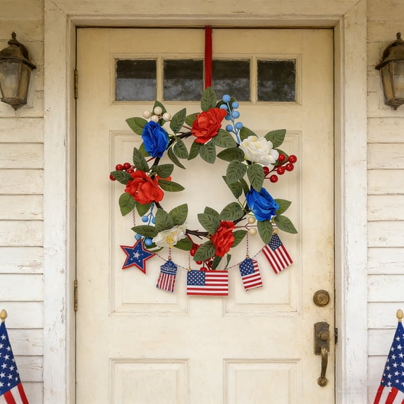 Nkmbld 250th Year Patriotic Wreath Decorations, Artificial Flower Candle Wreath for Independence Day Festive Party Table Decoration Candlestick Wreath