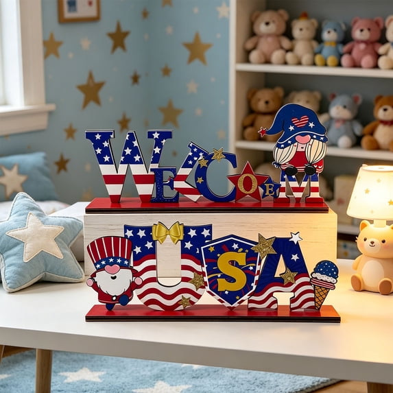 Nkmbld 2Pcs 4th of July Wooden Table Decor Patriotic Wood Sign Tabletop Centerpiece for Independence Day Office Desk Kitchen Tiered Tray Decor Shelves