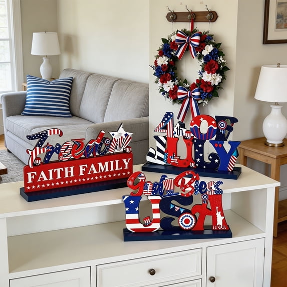 Nkmbld 3 Pcs 4th of July Table Wooden Ornaments Patriotic Tiered Tray Decor Farmhouse Wooden Block Signs for Tabletop Decor Home Kitchen Office Desk Shelf