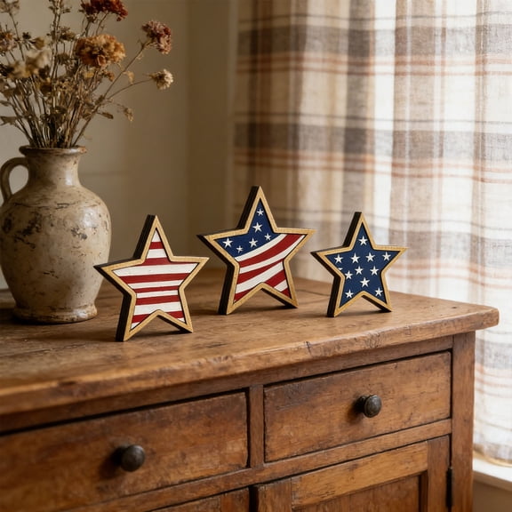 Nkmbld 3Pcs 4th of July Wooden Star Sign Patriotic Tiered Tray Decor, Vintage Star Shaped Wood Blocks, Rustic Tabletop Sign Independence Day Party Decor