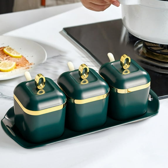 Nkmbld 3Pcs Seasoning & Spice Storage Containers Ceramic Sealed Condiment Jar with Lid, Reusable Containers Jars for Spices Salt Herbs Powders, Green