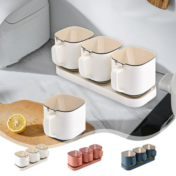 Nkmbld 3Pcs Seasoning Storage Containers with Spoon Standing Lid Kitchen Seasoning Bottle Jar Household Condiment Jar for Kitchen Salt Pepper Sugar, White