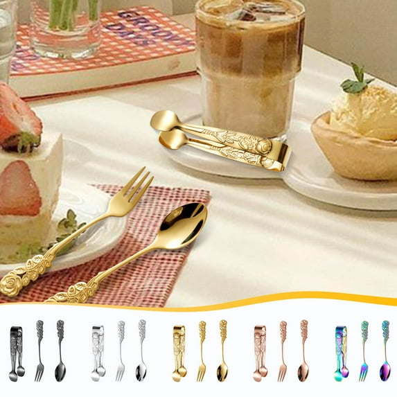 Nkmbld 3Pcs Stainless Steel Rose Ice Clip Spoon for k Set Vintage Pattern Coffee Spoon to ngs Dessert, Using for Home, Kitchen or Restaurant, Black