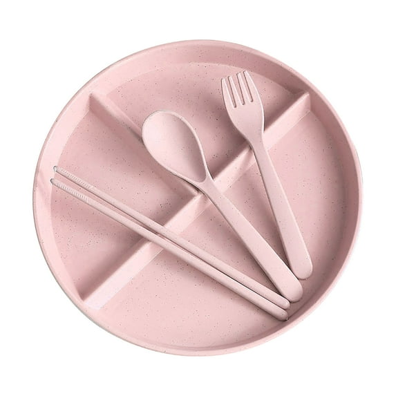 Nkmbld 4Pcs Divided Bamboo Plates with Spoon Fork Chopsticks, Unbreakable Portion Control Dinner Diet Plates with Three Compartment, Pink