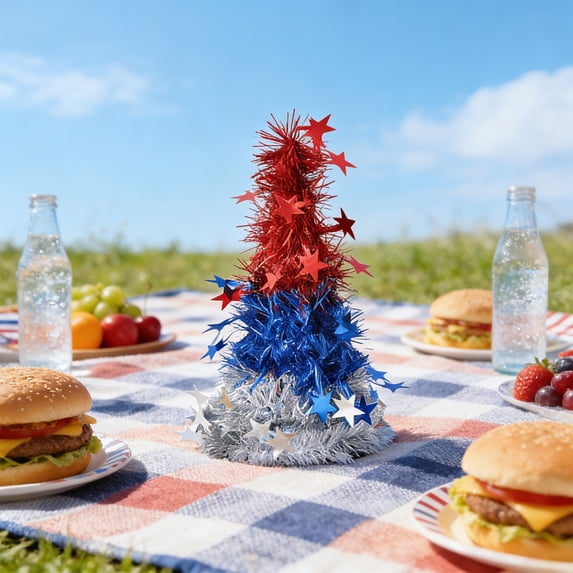 Nkmbld 4th of July Table Decorations Patriotic Red White Blue Tinsel Christmas Tree for Independence Day Tabletop Centerpieces Kitchen Office Desk Shelf