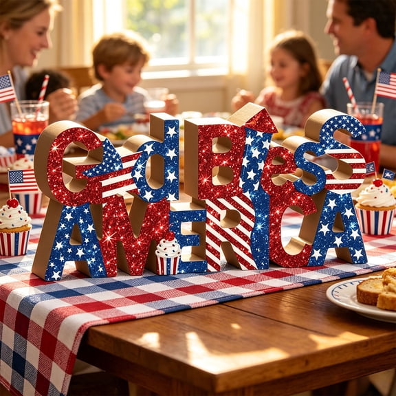 Nkmbld 4th of July Wooden Table Decorations Rustic Patriotic Wood Tabletop Sign Centerpiece Decorations for Office Desk Home Kitchen Tiered Tray Decor