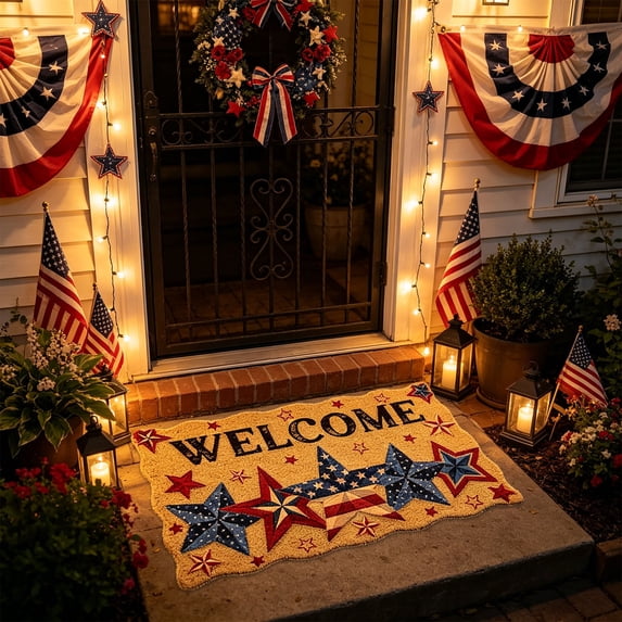 Nkmbld 4th of July Door Mat, Decorative Imitation Coir Floor Mats with Heavy Duty Backing, Non Slip Entrance Welcome Mats for Outdoors Indoors