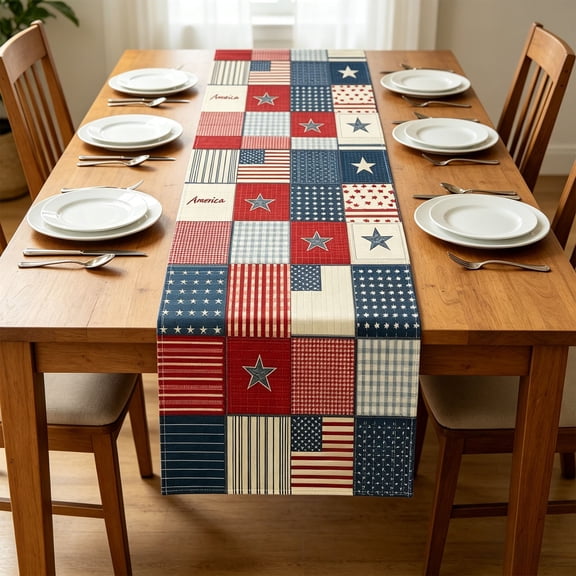 Nkmbld 4th of July Table Runner, 13x72 Inch Vintage Red White Blue Table Runners for Memorial Day Kitchen Dining Room Patriotic Party Decoration