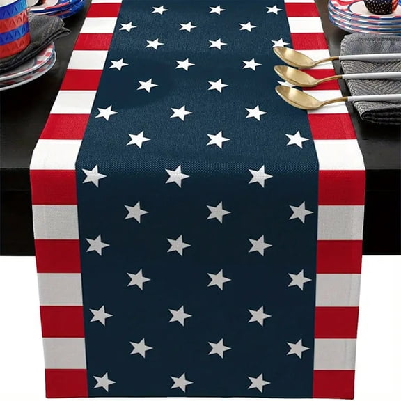 Nkmbld 4th of July Table Runner, 13x72 Inch Vintage Stripes Star Table Runners Decorations Linen Table Cloth for Home Kitchen Patriotic Decoration