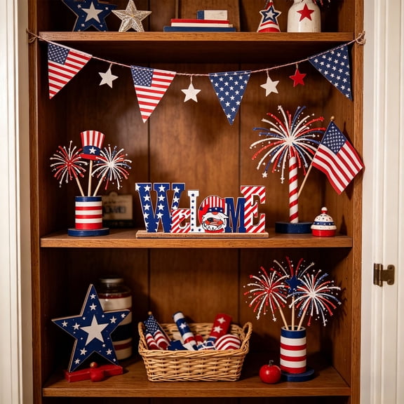 Nkmbld 4th of July Table Wooden Ornaments Patriotic Tiered Tray Decor Farmhouse Wooden Block Signs for Tabletop Decor Home Kitchen Office Desk Shelf