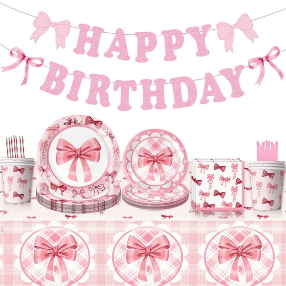 Nkmbld 53Pcs Happy Birthday Decorations, Pink Bow Birthday Party Supplies Includes Disposable Plates and Napkins,Cups,Tablecloth,Banner for Birthday Parties