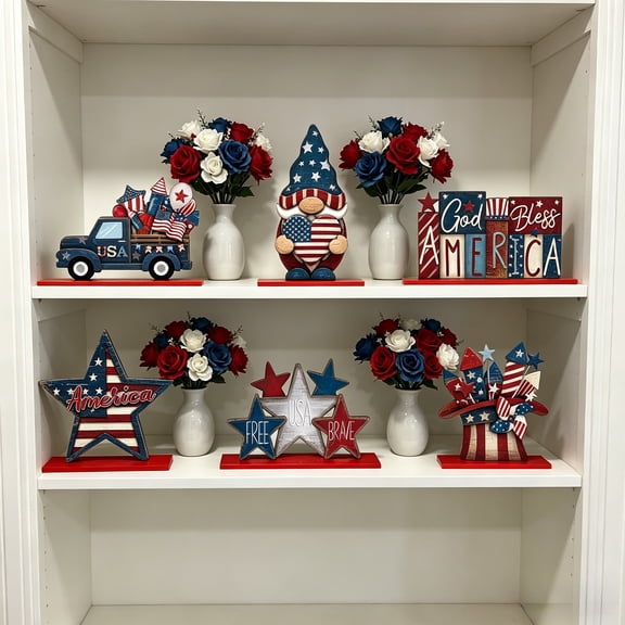 Nkmbld 6 Pcs 4th of July Wood Signs Rustic Patriotic Standing Blocks Decor for Table Centerpiece Labor Day Tiered Tray Decorations for Shelf Party Decor
