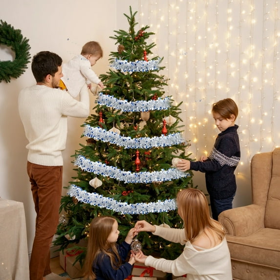 Nkmbld 6PC Colorful Ribbon, Christmas Tinsel Garland Metallic Foil Decorations Shiny Metallic Twist Hanging Garland Glitter Xmas Tree Hanging Ornaments, Silver