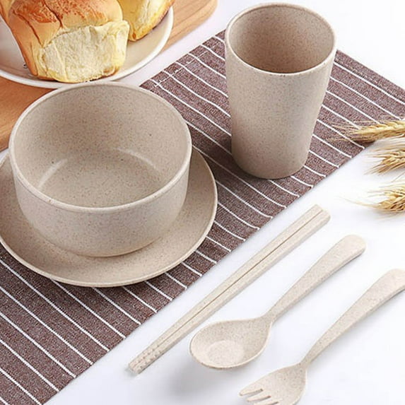 Nkmbld 6Pcs Wheat Straw Bowls Cup Spoon Fork Chopsticks Tableware Portable Home Going Out Tableware Set, College Dorm Room Essentials, Beige