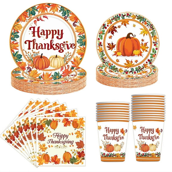 Nkmbld 96Pcs Disposable Thanksgiving Table Dinnerware Set, Colorful Maple Leaf Disposable Dinnerware with Paper Plates, Napkin, and Cups for Autumn Harvest Party Supplies